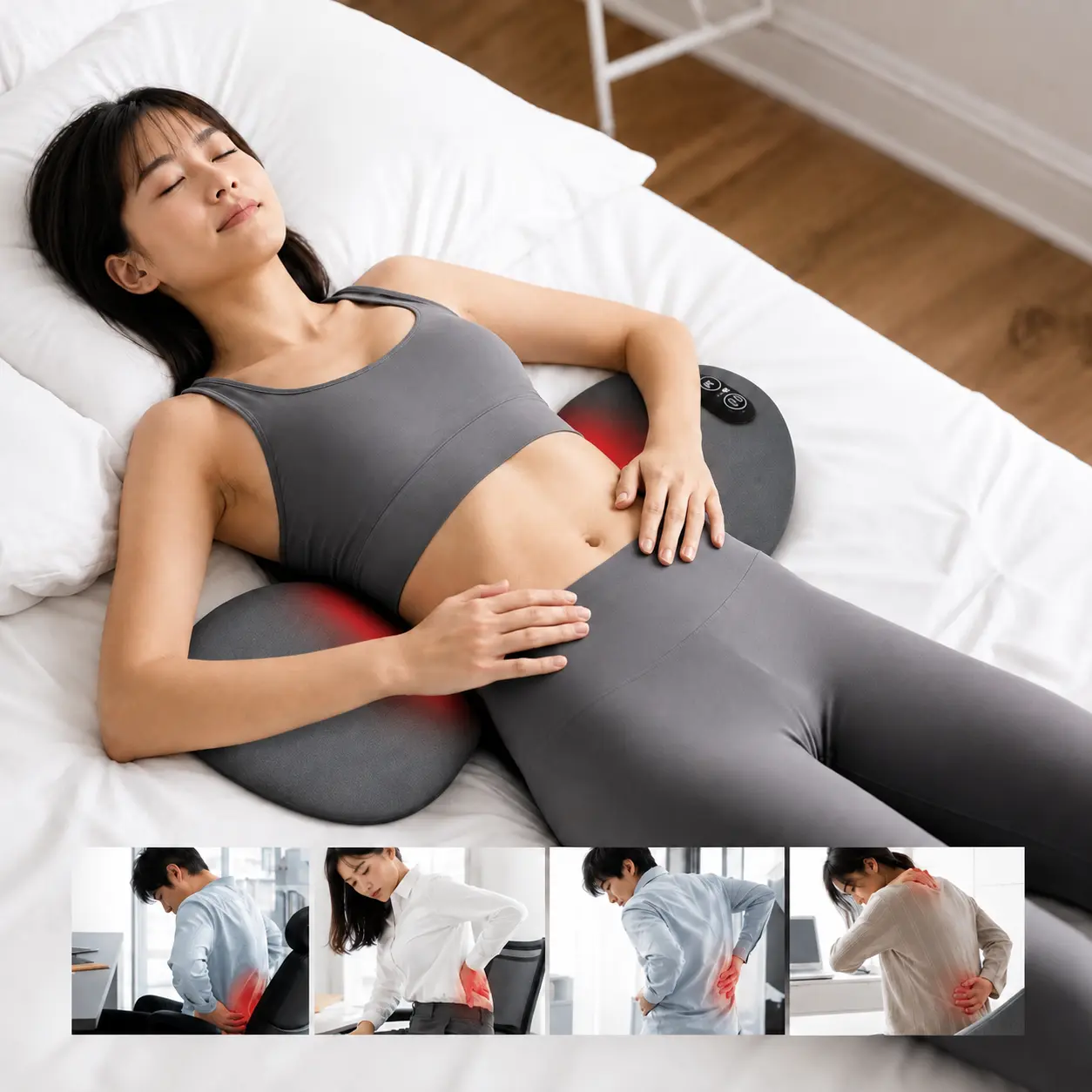 ベッドの上でSpinePodを腰の下に置いて横になる女性