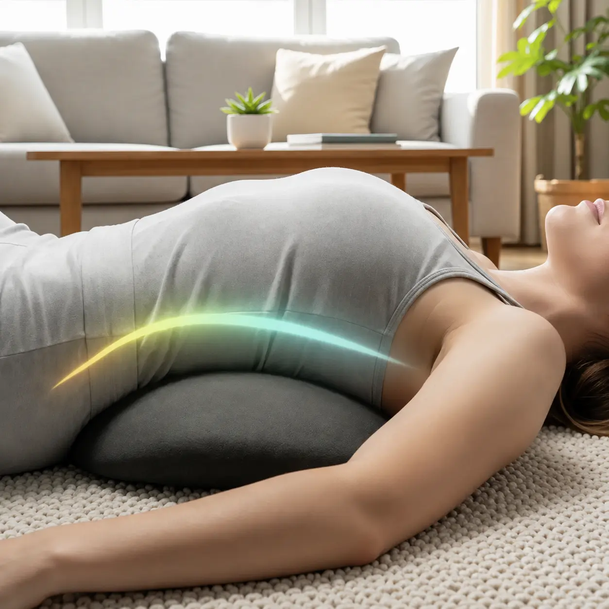 リビングの床で仰向けになり、SpinePodを腰の下に置いて休む女性